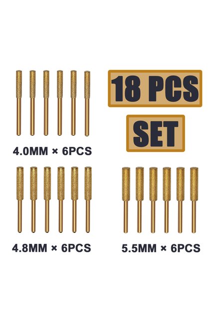 18pcs 18PCS Chainsaw Sharpener Diamond Coated Cylindrical Burr Chain Saw 4/4.8/5.5mm Titanium Coated