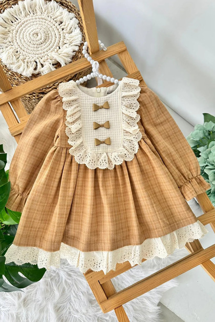 My Little One's Clothes (9-24 Months) Bow Detailed Scalloped Baby Girl Cotton Dress - Camel