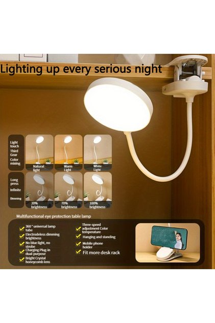 0-5W Clip On Desk Lamp USB Rechargeable Clip On Desk Lamp, 3 Color Temperatures & Dimmable, LED Read