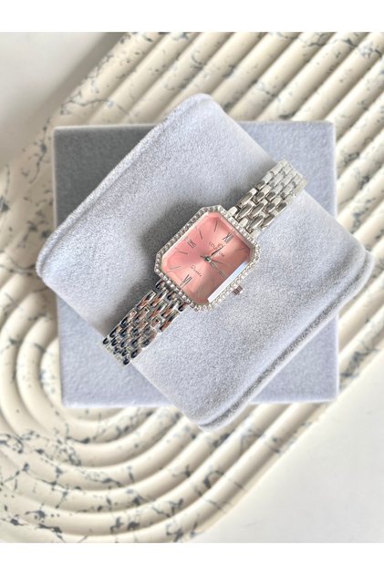 Boley Square Stone Frame Pink Dial Silver Women's Wristwatch