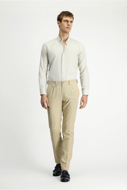 7 Drop Slim Fit Slim Fit Linen Blend Striped Classic Fabric Trousers with Buckle