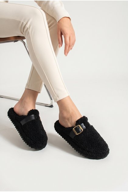 Plush House Slippers Women's Gold Buckle Teddy Soft Non-Sound Lightweight Sole Winter Slippers