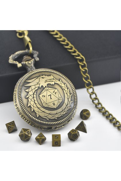 bronze Pocket Watch & Mini Metal Polyhedral Dice Set 6mm Table and Board Games Cool Table Dice Pocke