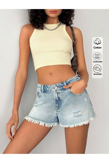Jeans Women's Light Blue Ripped Detailed Tasseled Mini Jean Shorts High Waist Summer Denim Shorts
