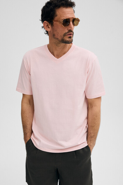 Almeri Men's 100% Cotton Soft Fabric V-Neck Pink T-Shirt
