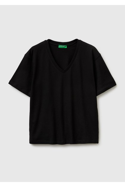 Kadın Siyah %100 Pamuk Klasik V Yaka T-Shirt