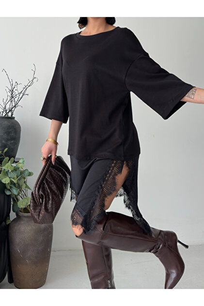 Kadın Siyah Uzun Dantel Detaylı Oversize Tshirt