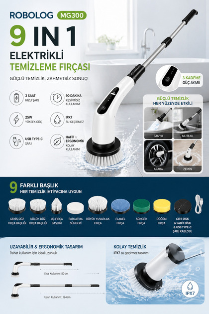 ROBOLOG 9 Başlıklı Şarjlı Ve Elektrikli Temizlik Fırçası Banyo