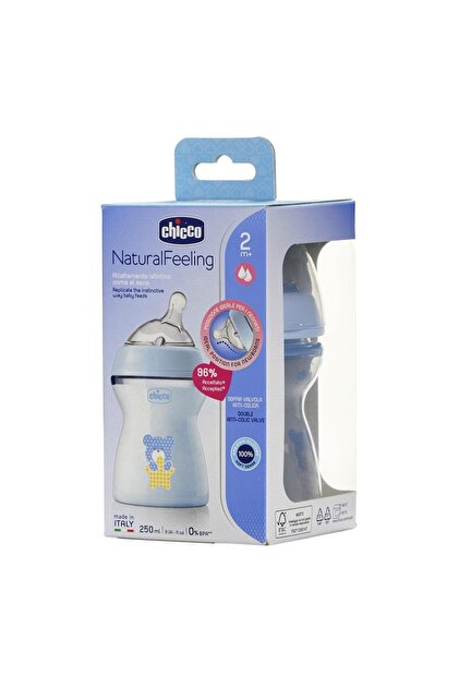 Natural Feeling Anti-Colic Bottle 2 Months + 250 ml, Soft and Flexible Silicone Teat Feeding Bottle Suitable for Mixed Breastfeeding Medium Flow Blue