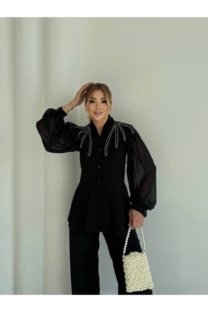 Imported Scuba Crepe Fabric Stone Embroidered Button Detail Lined Special Design Jacket Pants Set