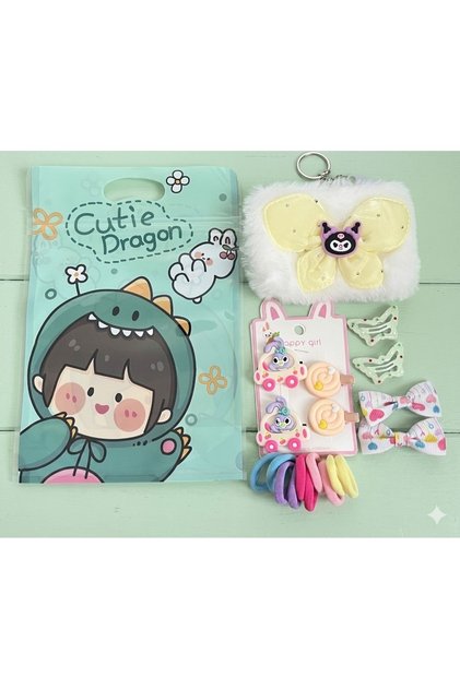 Girl's Hair Accessory Set with Bag – Bow with Wallet, Figured Hair Clip, Rubber Hair Clip Set