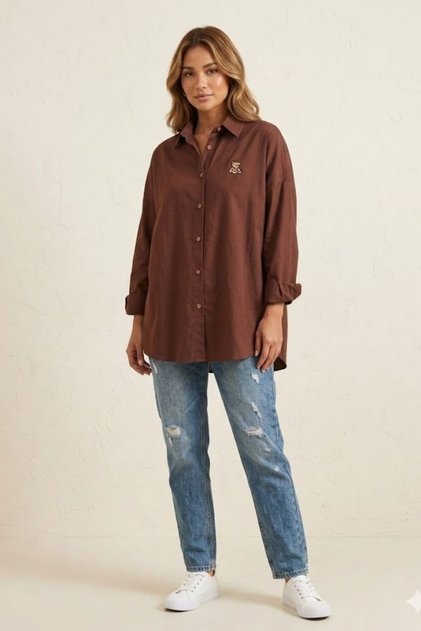 Kadın Ayıcık Nakışlı Oversize Gömlek - %100 Pamuklu Rahat Kesim Gömlek
