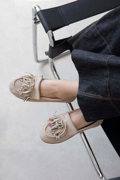 Alore Women's Tassel Detail Genuine Leather Suede Ballerinas Beige