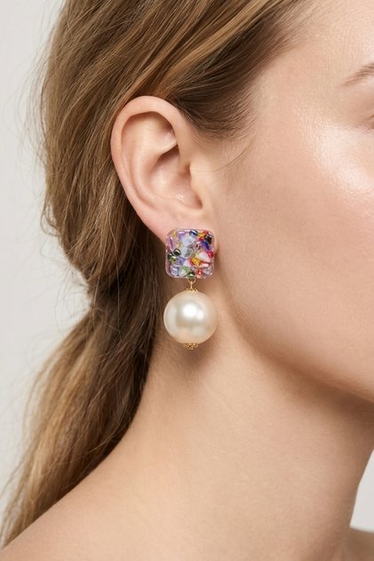 Square Colorful Epoxy Pearl Earrings 5 Cm.