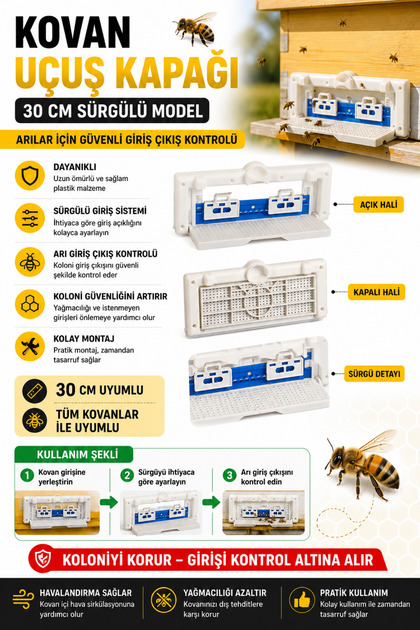 Arı Uçuş Kapağı 30 CM Sürgülü Model, Giriş Çıkış Kontrol Aparatı