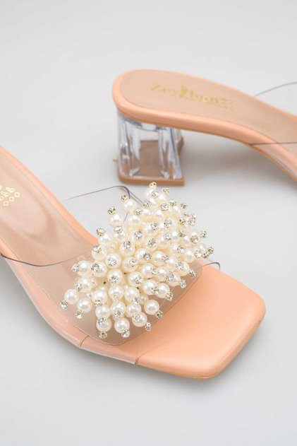 New Season Women's Heeled Pearl Slippers Heel 5cm