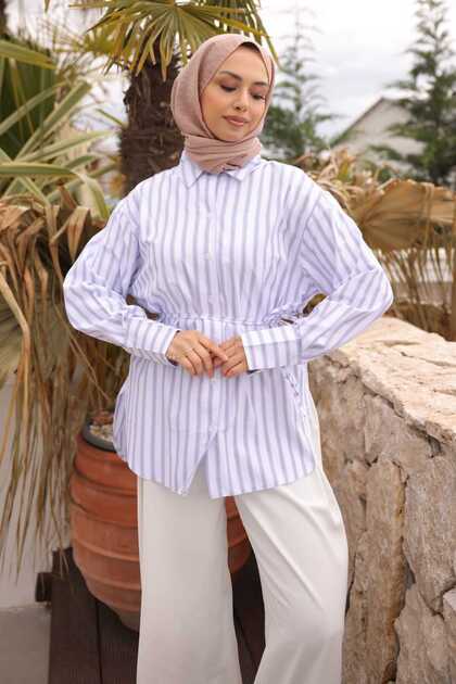 White Striped Loose-Fit Shirt with Waist Tie