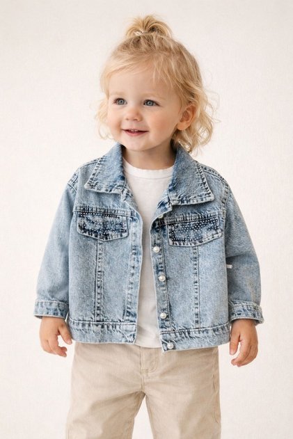 Girl's Pearl Button Detailed Denim Jacket 1-5 Years Light Blue