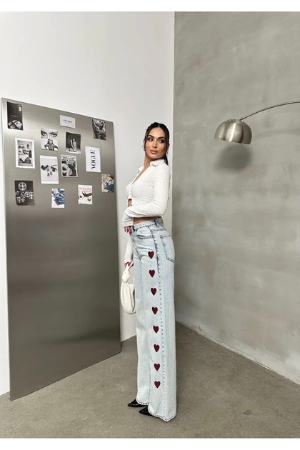 Heart Embroidered Washable Baggy Wide Leg Women's Jeans
