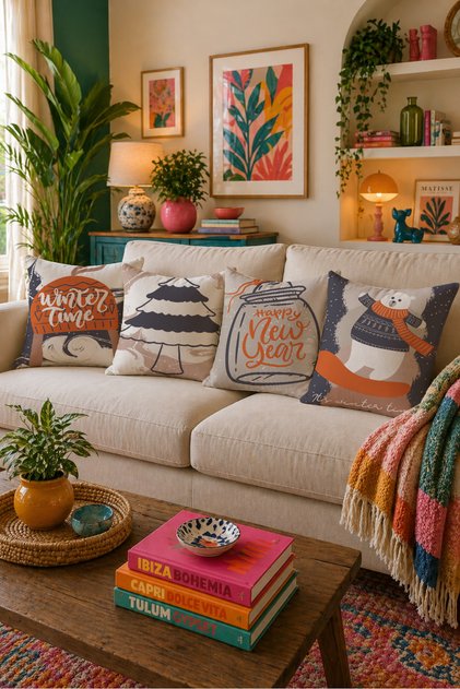 Winter Time Themed 4-Piece Throw Pillow Cover Set Double-Sided 43X43 cm Winter