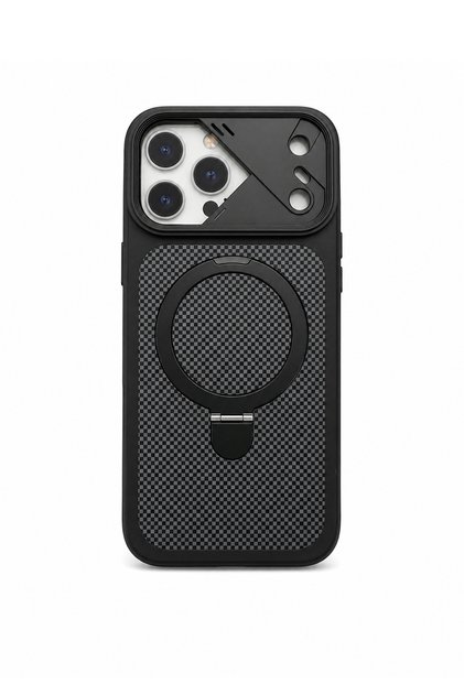 iPhone 17 Pro Compatible Ringstand Magsafe Case - Camera Protected, Standable, Carbon Pattern Case Black