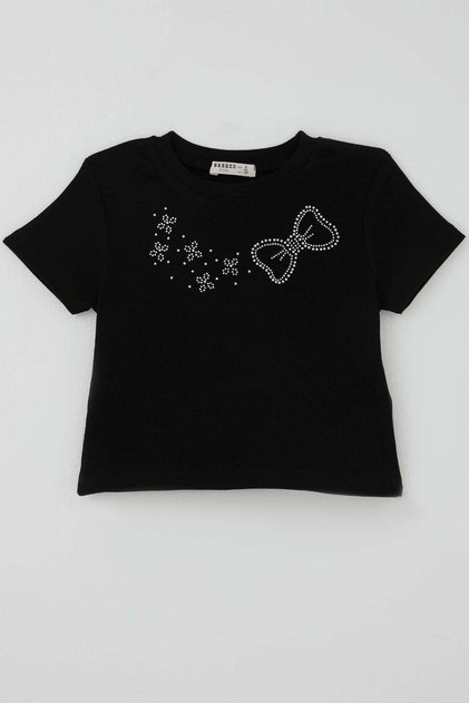 Girl's Crop T-Shirt with Stone Bow Print, Ages 7-12, Black
