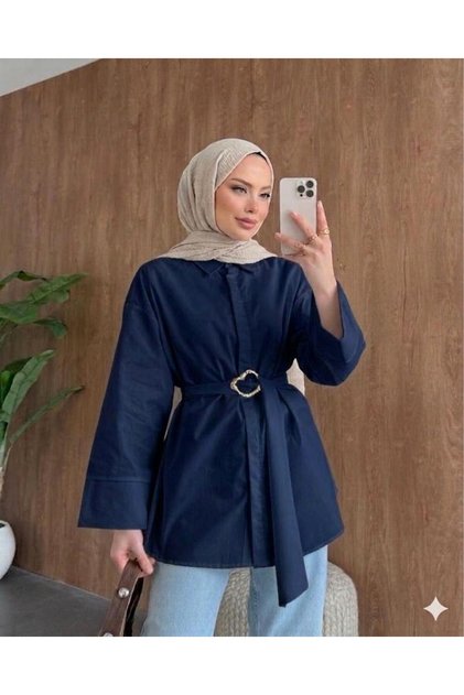 Navy Blue Woven Fabric Long Belted Shirt for Women with Buckle Detail, Comfortable Cut, Stylish Hijab Combination