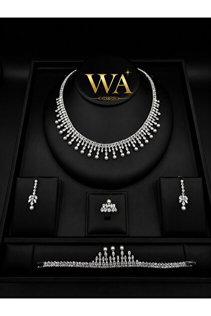 Luxury Zircon Pearl Jewelry Set for Women - High-End Full Set (Necklace + Earrings + Ring + Bracelet) with Dangle Design