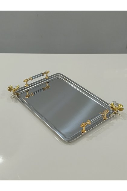 Figured, Metal-Handled, Stainless Steel Rectangular Tray Luxury Presentation Tray