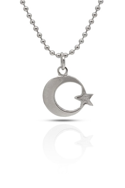 Moon Star Necklace Turkey Symbol Pendant - Silver Color with Ball Chain