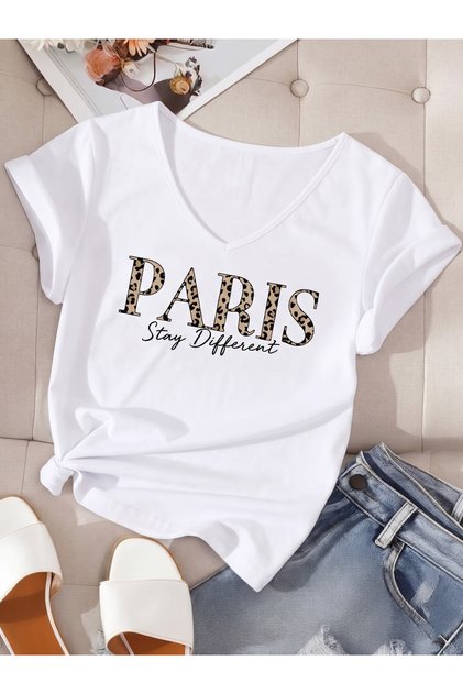 Women's Paris Stay Printed V-Neck T-Shirt