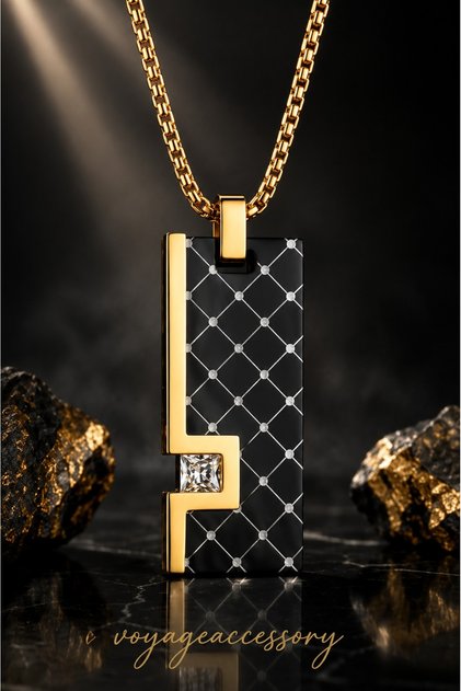 Stainless Steel Premium Gold Black Men's Necklace with Cubic Zircon Detail