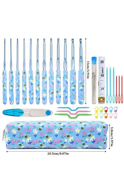 Bee and Daisy Patterned Crochet Set of 12 – Ergonomic Crochet Hooks and Accessories Fully Equipped with a Bag for Knitting