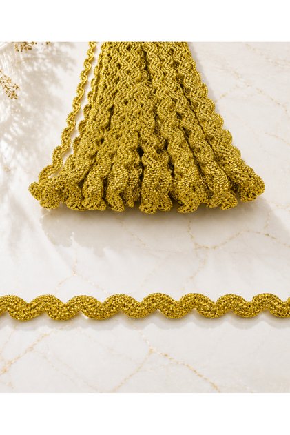 Sim Zikzak Gold-Gold Decorative Strip - 0.8 cm Width - 15 Meters Length