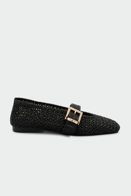 Pratt Buckle Detailed Straw Women's Black Flat Ballerinas