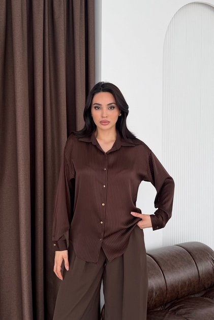 Brown Gold Button Detailed Pinstripe Satin Shirt