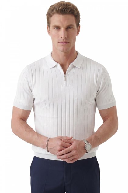Men's White Polo Collar Zippered Striped Textured Regular Fit Lycra Knitwear T-Shirt 2608008