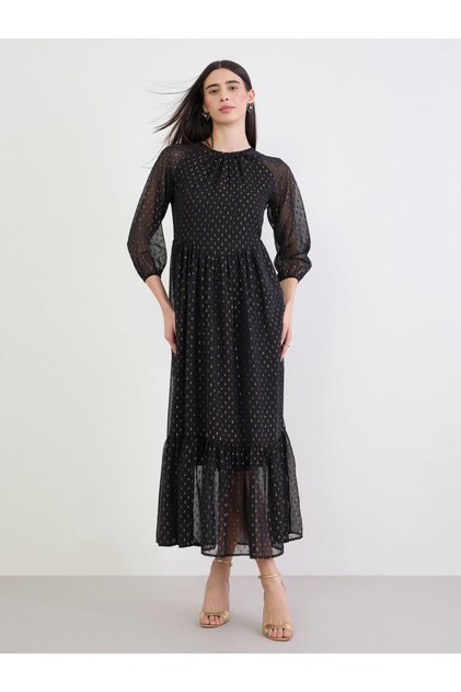 Black Foil Dobby 3/4 Sleeves A-Line Maxi Dress