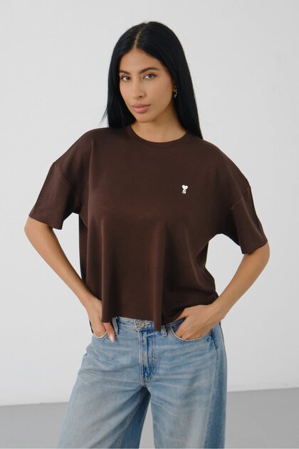 Brown Women's Oversize Boxy T-Shirt Crew Neck Comfortable Fit T-Shirt