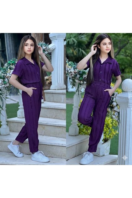 Young Girl and Child Pleated Cuffed Shalwar Trousers+Shirt 2-Piece Set