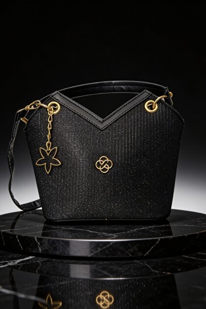 Black Glittery Bag with Gold Accessories, Stylish Shoulder Bag Suitable for Evening Combinations