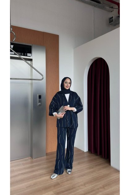 Women's Stone Detailed Kimono Set, Loose Cut, Stylish Look, Wide Leg, 2-Piece Set