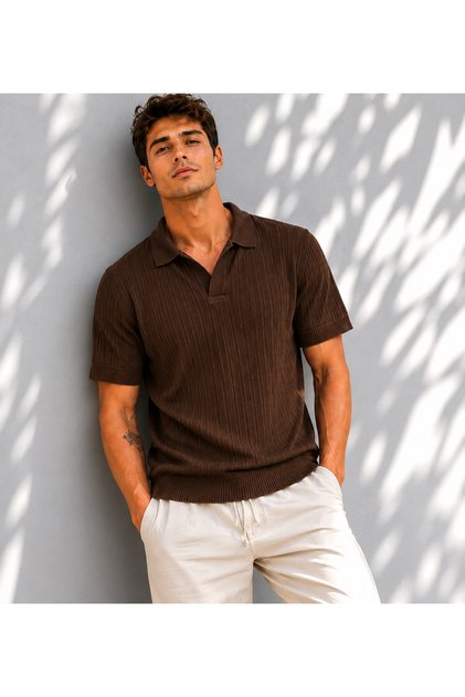 Men's Short Sleeve Ribbed Knit Open Polo Collar T-Shirt 271200