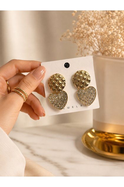 Women's Gold Heart Stone Detailed Dangle Earrings
