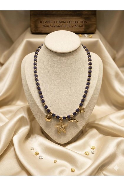 Summer Beaded Necklace with Amethyst Look, Starfish, Dolphin and Seashell Figures
