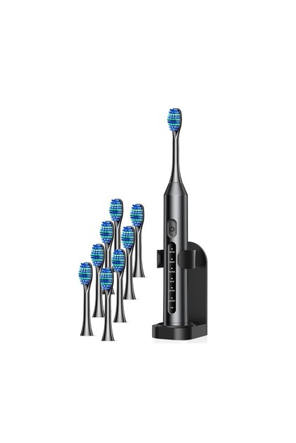 Periuță de dinți electrică sonică pentru îngrijire profesională – Kit complet cu 8 capete de rezervă, 6 moduri de curățare, autonomie a bateriei de 60 de zile, IP67, Negru