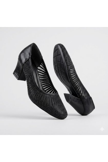 (Park Moda) Damlataş Detailed Heeled Women's Shoes Black to Black