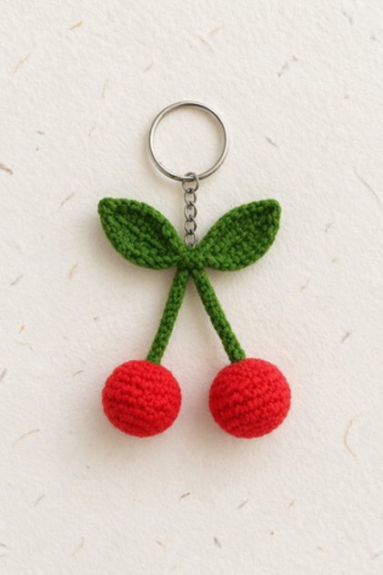 Hand Knitted Cherry Keychain Car Key Ornament Women's Bag Accessory