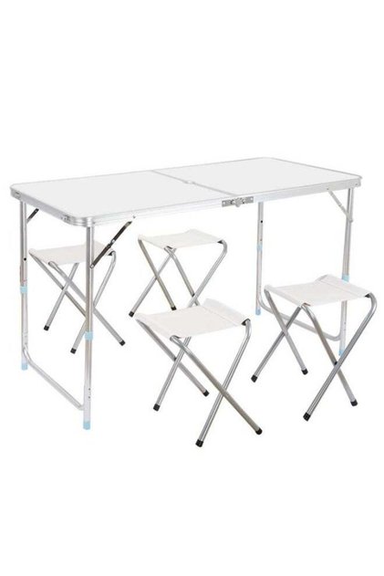 All-in-One Portable Folding Table with 4 Stools, Compact Carry Case Style Design, Weather Resi