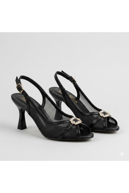 (Park Moda) Stone Detailed Heeled Open-Toe Women's Evening Dress Shoes Black